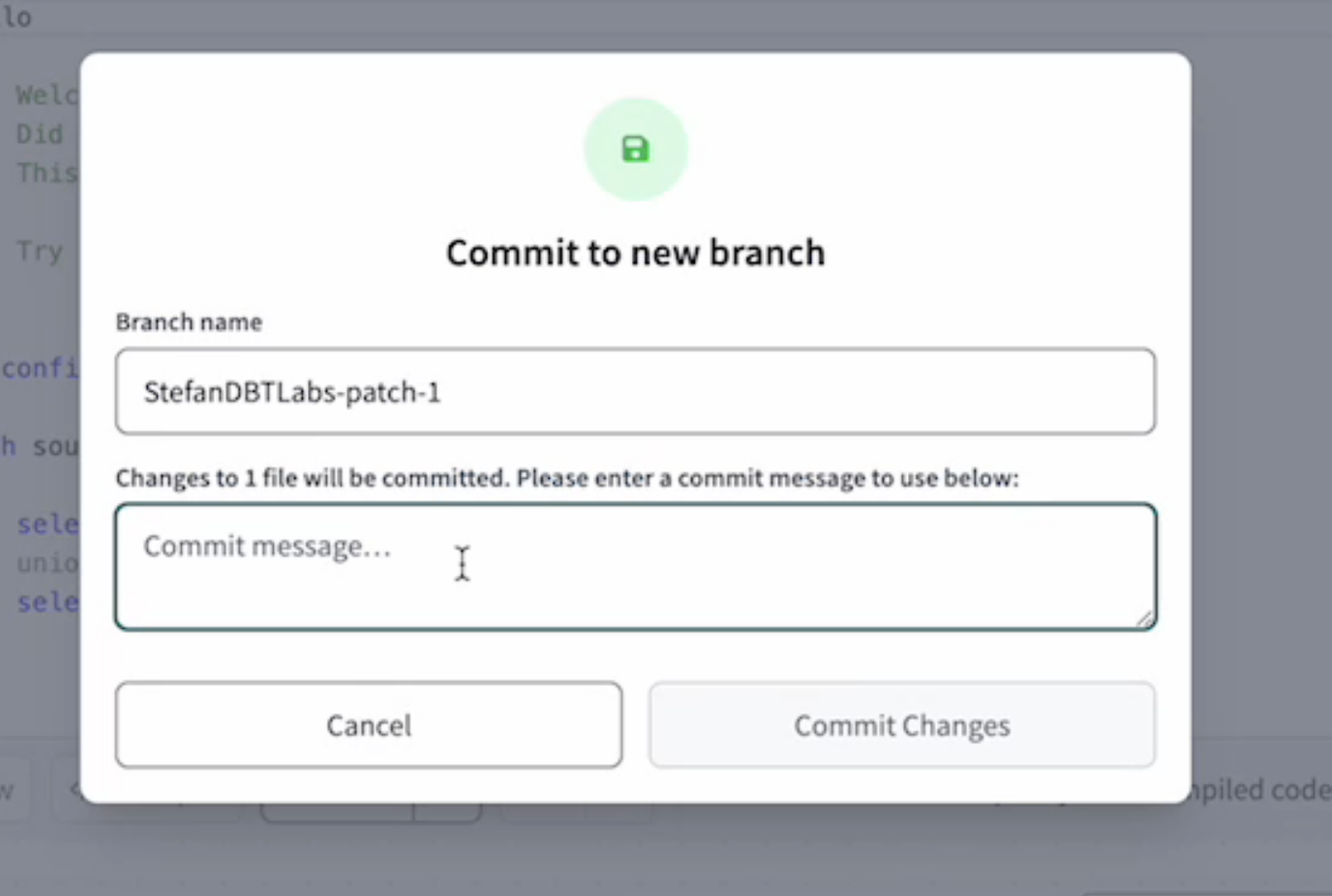 Create new branch window Create new branch window